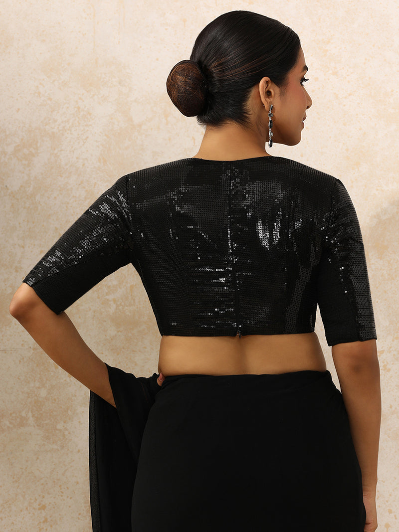 Shireen x Tyohaar | Elbow Sleeves Black Sequined Saree Blouse with Plunging V-Neck-Binks