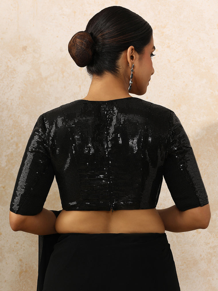 Shireen x Tyohaar Saree Blouse, in Black Sequin Fabric, featuring elbow sleeves and v-neckline, made for party & festive.