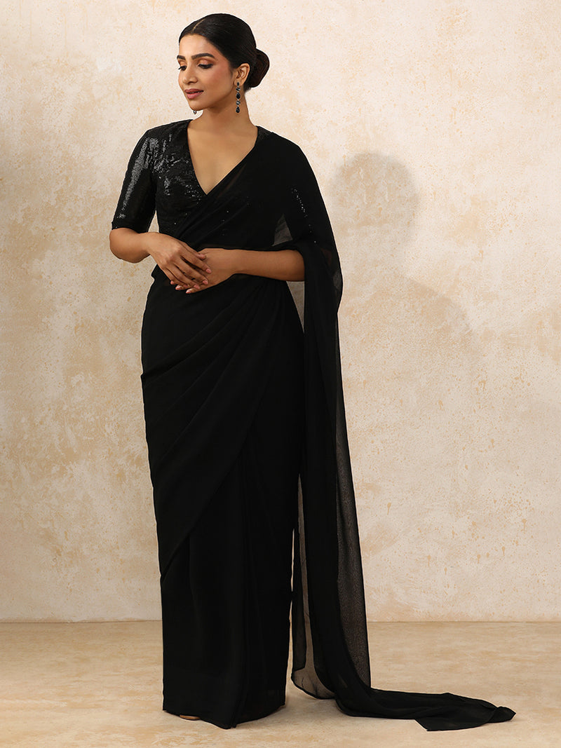 Shireen x Tyohaar | Elbow Sleeves Black Sequined Saree Blouse with Plunging V-Neck-Binks