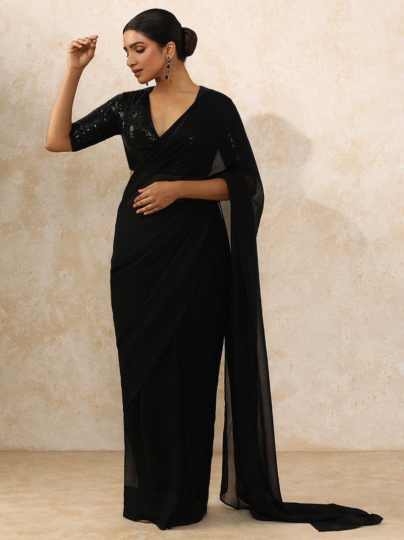 Shireen x Tyohaar | Elbow Sleeves Black Sequined Saree Blouse with Plunging V-Neck-Binks