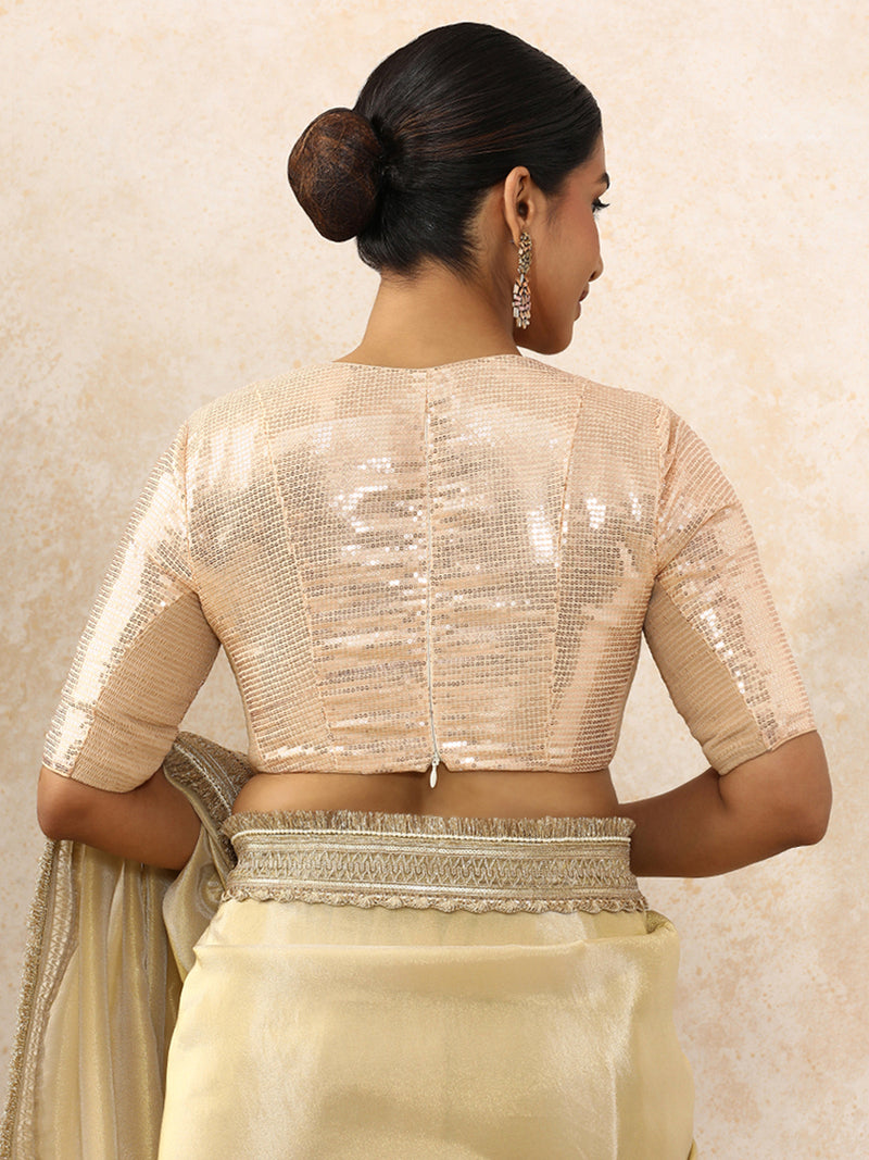 Shireen x Tyohaar | Elbow Sleeves Champagne Sequined Saree Blouse with Plunging V-Neck-Binks