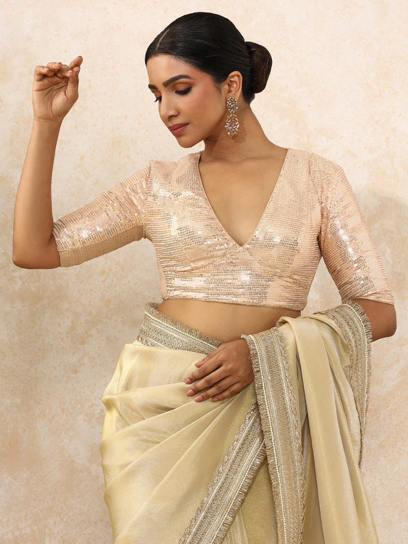 Shireen x Tyohaar | Elbow Sleeves Champagne Sequined Saree Blouse with Plunging V-Neck-Binks