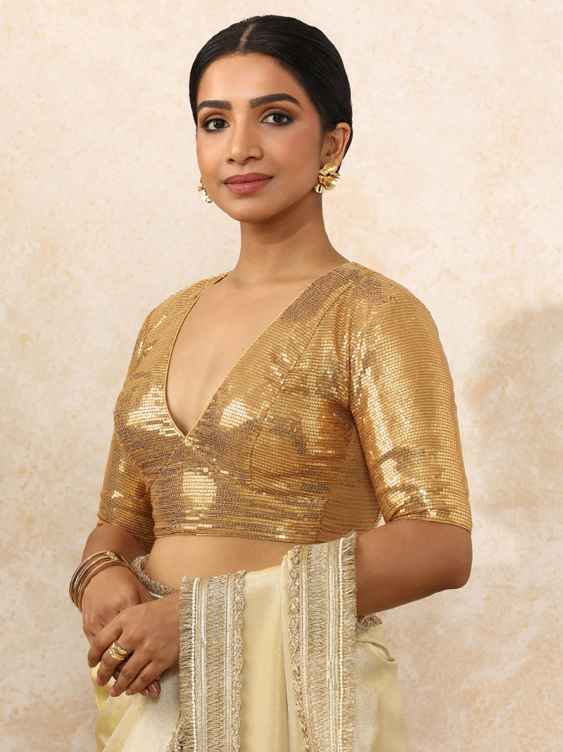 Shireen x Tyohaar | Elbow Sleeves Gold Sequined Saree Blouse with Plunging V-Neck-Binks
