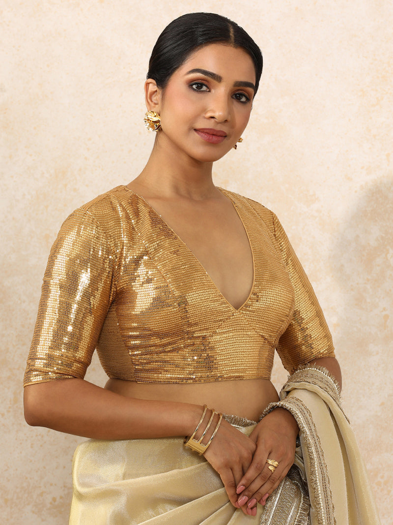 Shireen x Tyohaar | Elbow Sleeves Gold Sequined Saree Blouse with Plunging V-Neck-Binks