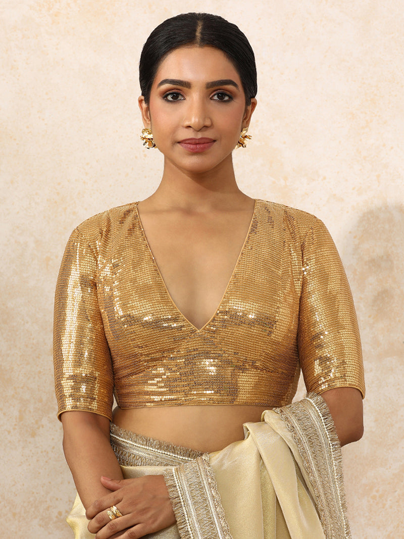 Shireen x Tyohaar | Elbow Sleeves Gold Sequined Saree Blouse with Plunging V-Neck-Binks
