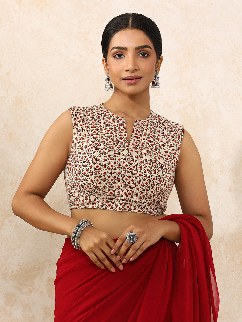 Shradha x Rozaana | Sleeveless Saree Blouse in Cream & Red Geometric Block Print Cotton-Binks
