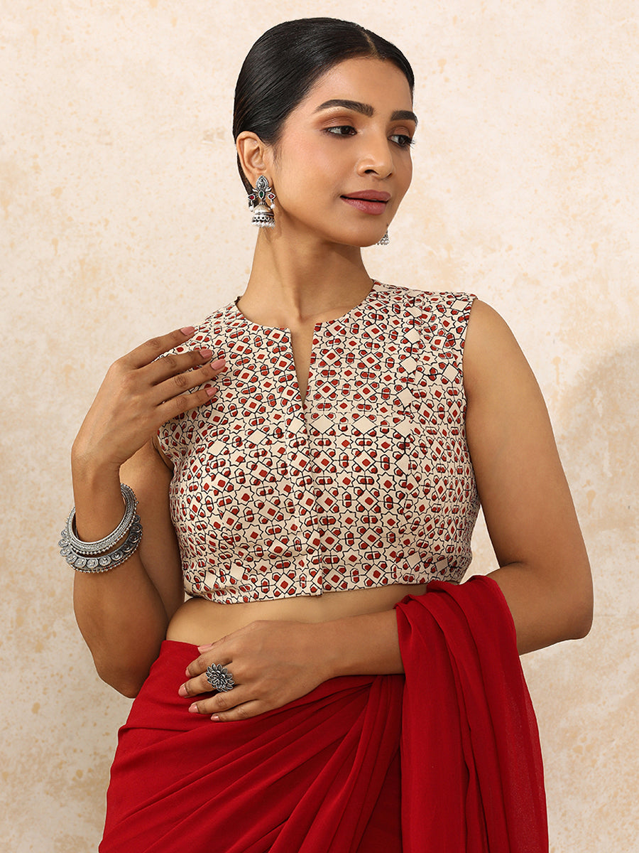 Shradha x Rozaana Saree Blouse, in Cream 100% Cotton - Block Printed, featuring sleeveless and jewel neckline (view 5).