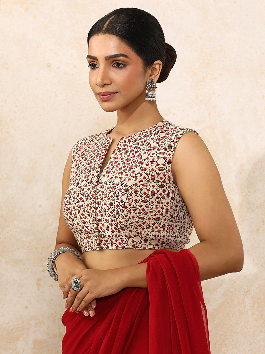 Shradha x Rozaana Saree Blouse, in Cream 100% Cotton - Block Printed, featuring sleeveless and jewel neckline (view 6).