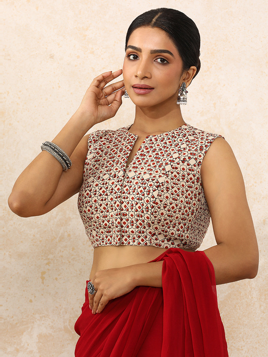 Shradha x Rozaana Saree Blouse, in Cream 100% Cotton - Block Printed, featuring sleeveless and jewel neckline (view 7).