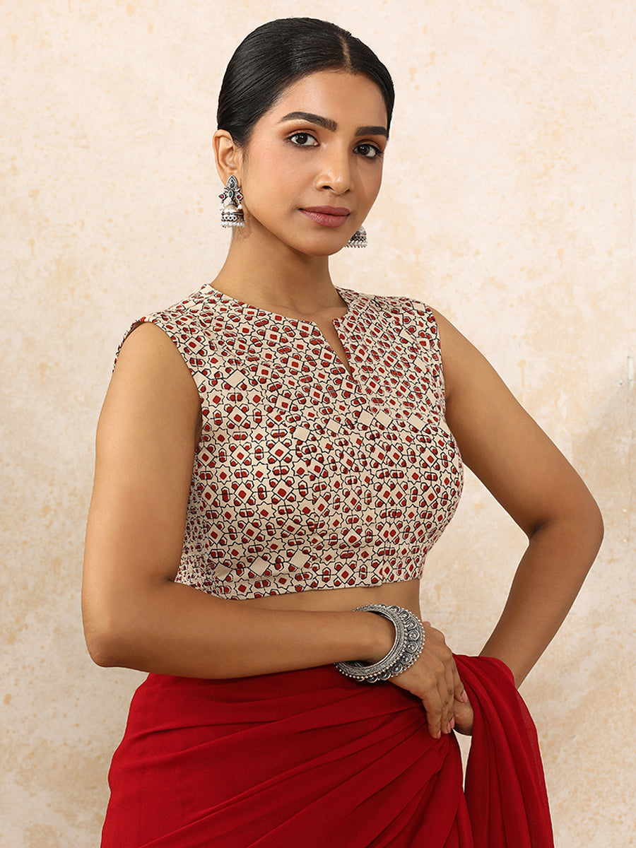 Shradha x Rozaana Saree Blouse, in Cream 100% Cotton - Block Printed, featuring sleeveless and jewel neckline (view 8).
