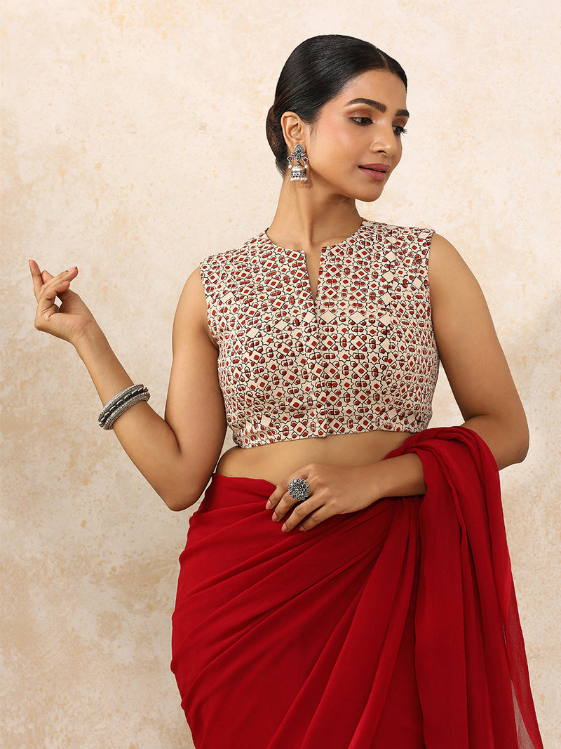 Shradha x Rozaana | Sleeveless Saree Blouse in Cream & Red Geometric Block Print Cotton-Binks