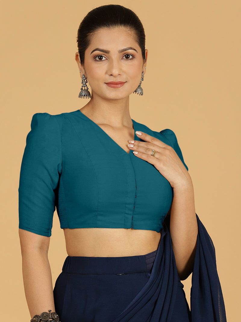 Shravani x Rozaana | Puff Sleeves Saree Blouse in Crystal Teal-Binks