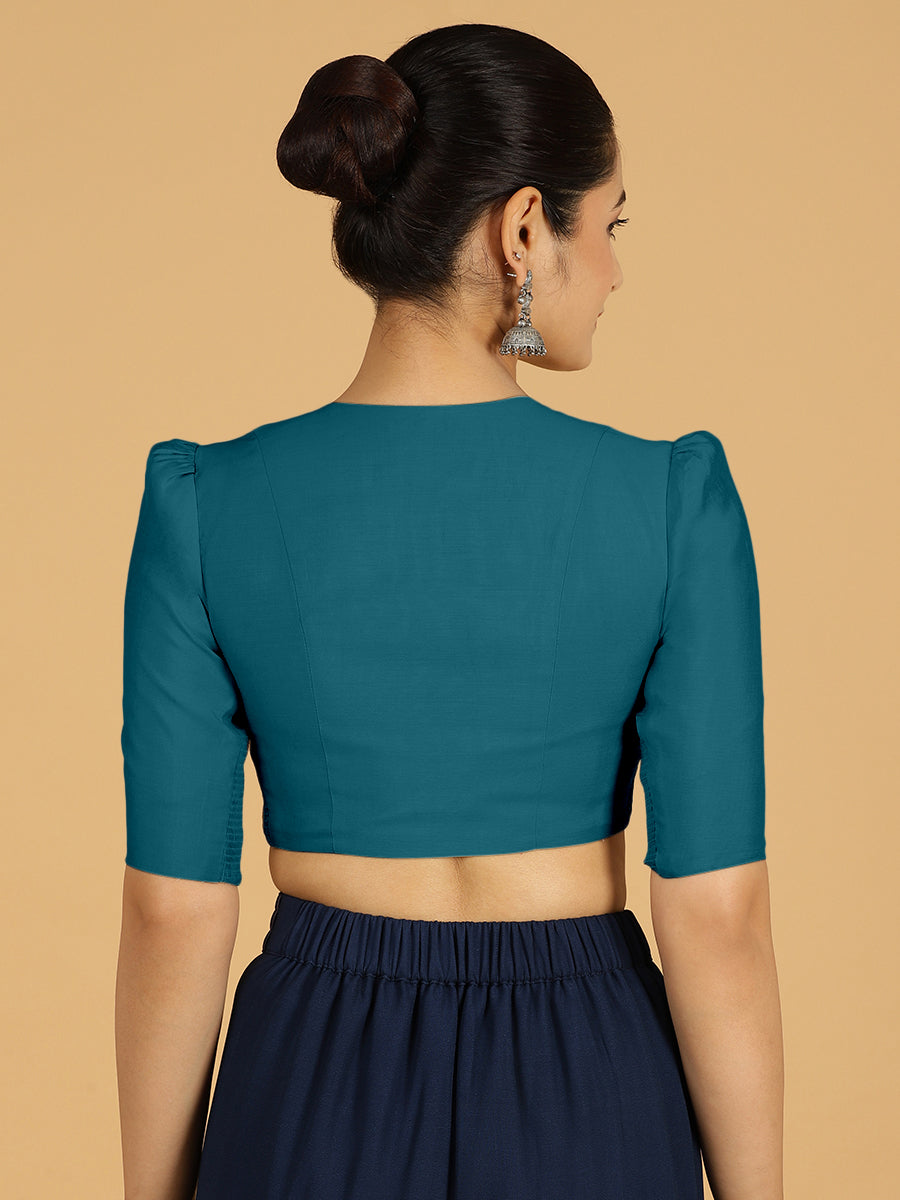 Shravani x Rozaana Saree Blouse, in Blue Viscose, featuring elbow sleeves and v-neckline, made for daily & work (view 2).