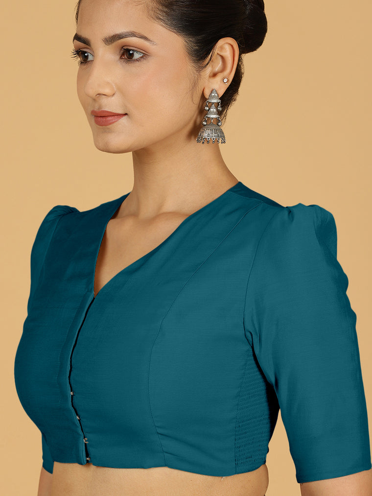 Shravani x Rozaana Saree Blouse, in Blue Viscose, featuring elbow sleeves and v-neckline, made for daily & work (view 3).