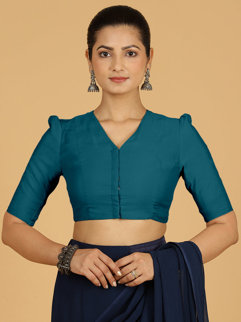 Shravani x Rozaana | Puff Sleeves Saree Blouse in Crystal Teal-Binks