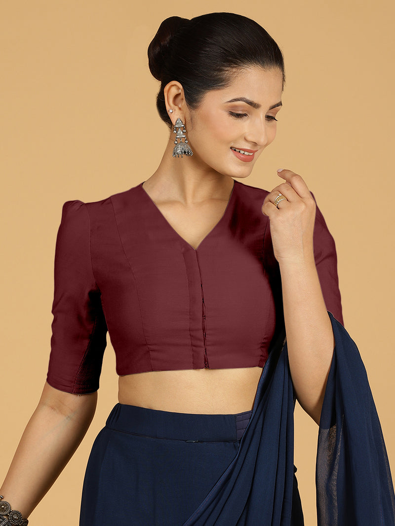Shravani x Rozaana | Puff Sleeves Saree Blouse in Deep Maroon-Binks