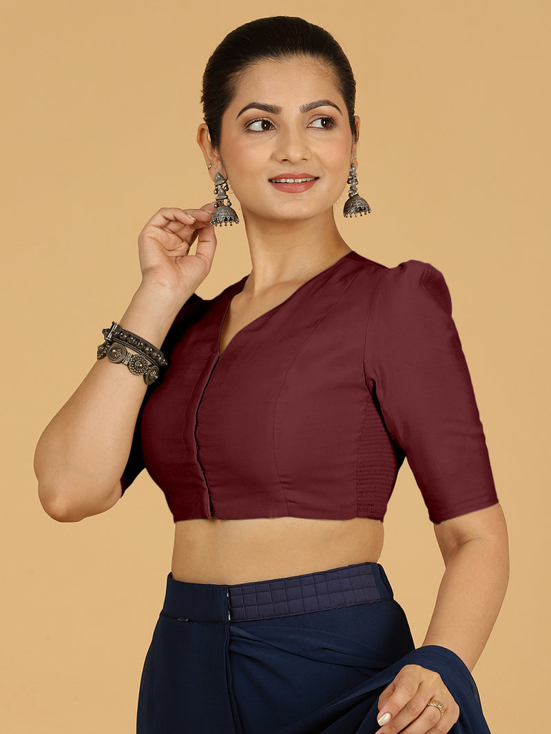 Shravani x Rozaana | Puff Sleeves Saree Blouse in Deep Maroon-Binks