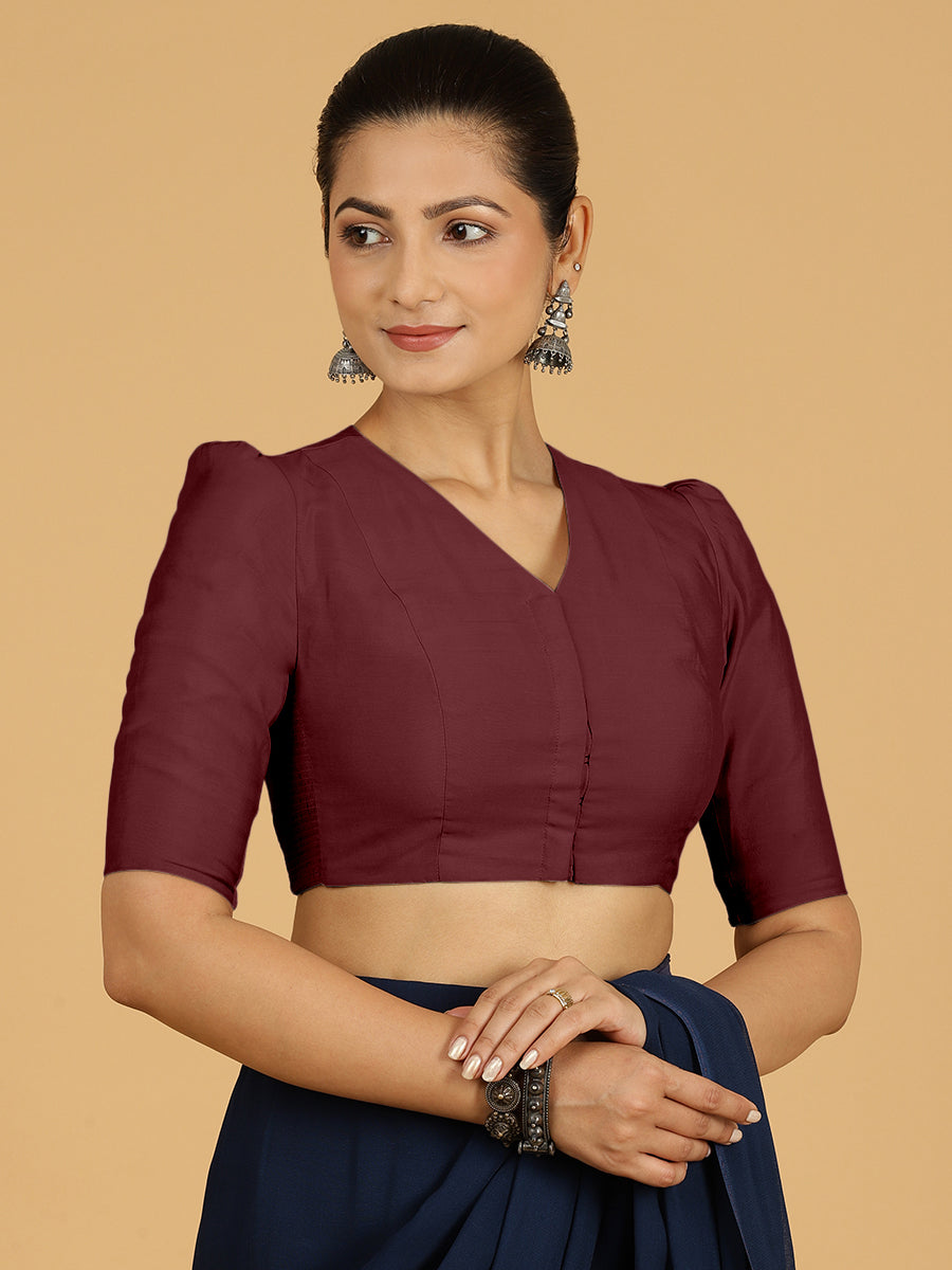 Shravani x Rozaana Saree Blouse, in Maroon Viscose, featuring elbow sleeves and v-neckline, made for daily & work (view 6).