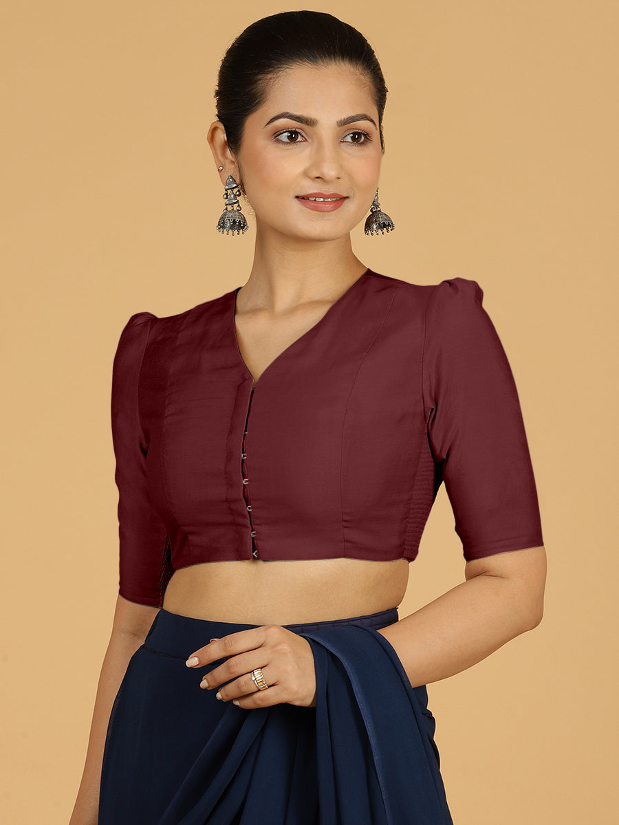 Shravani x Rozaana Saree Blouse, in Maroon Viscose, featuring elbow sleeves and v-neckline, made for daily & work (view 7).