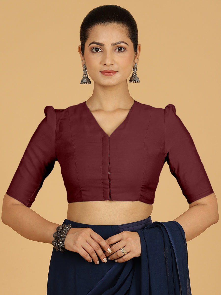 Shravani x Rozaana Saree Blouse, in Maroon Viscose, featuring elbow sleeves and v-neckline, made for daily & work (view 8).