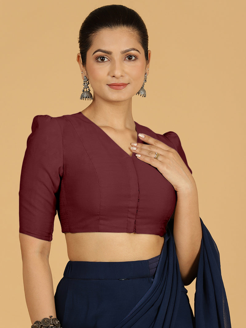 Shravani x Rozaana | Puff Sleeves Saree Blouse in Deep Maroon-Binks