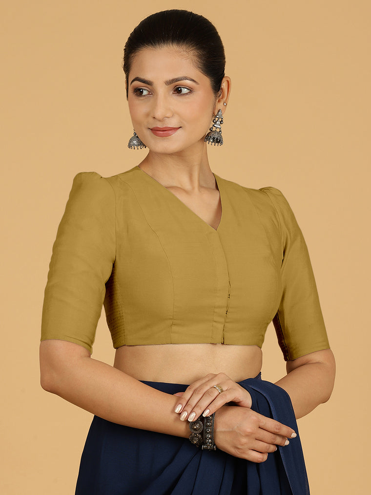 Shravani x Rozaana Saree Blouse, in Yellow Viscose, featuring elbow sleeves and v-neckline, made for daily & work.