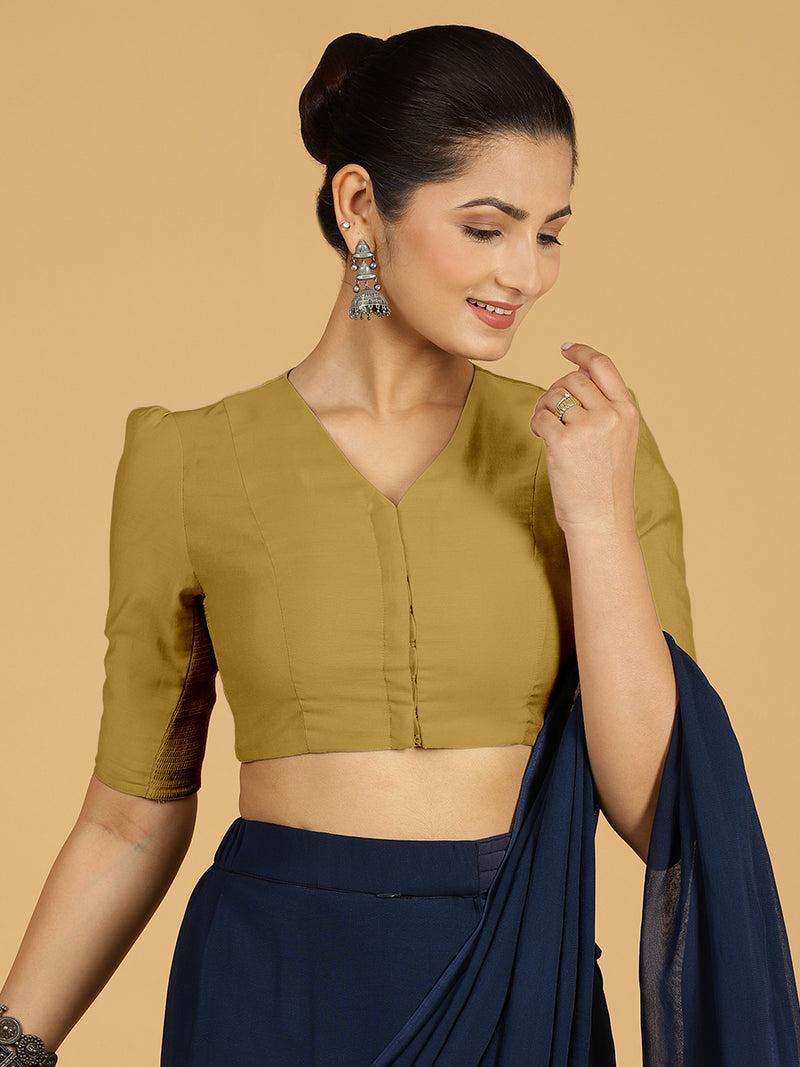 Shravani x Rozaana | Puff Sleeves Saree Blouse in Dijon Mustard-Binks