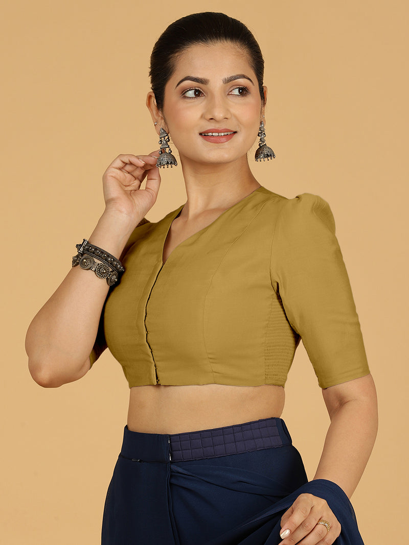 Shravani x Rozaana | Puff Sleeves Saree Blouse in Dijon Mustard-Binks