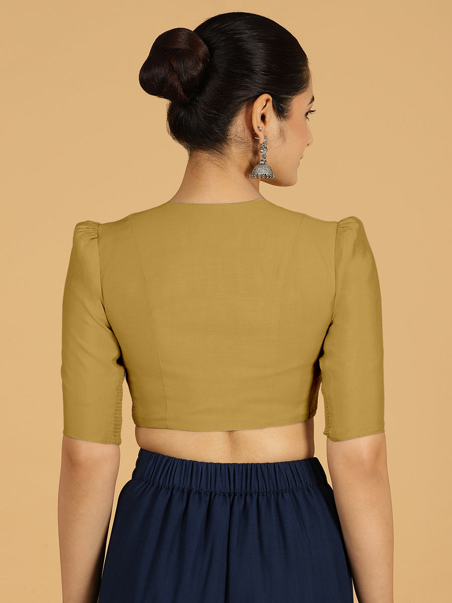 Shravani x Rozaana Saree Blouse, in Yellow Viscose, featuring elbow sleeves and v-neckline, made for daily & work (view 2).