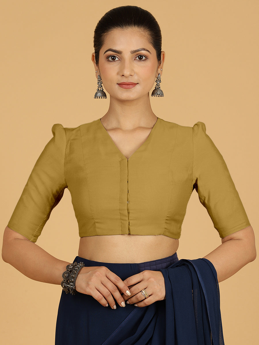 Shravani x Rozaana Saree Blouse, in Yellow Viscose, featuring elbow sleeves and v-neckline, made for daily & work (view 8).