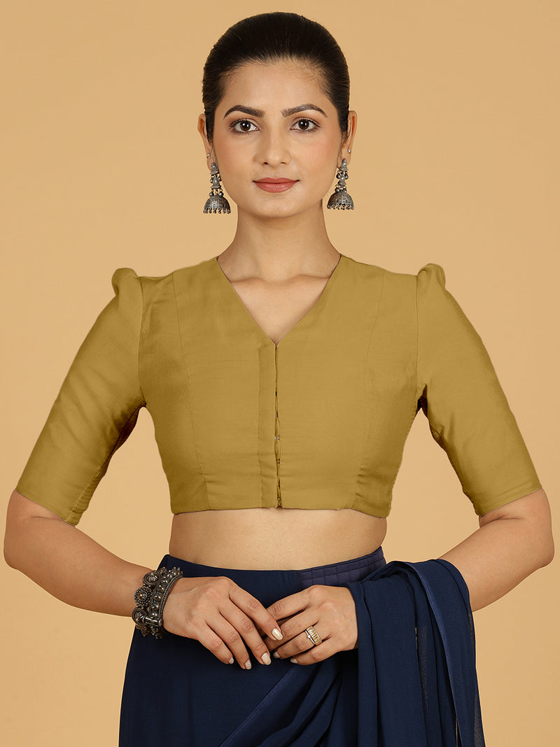 Shravani x Rozaana | Puff Sleeves Saree Blouse in Dijon Mustard-Binks