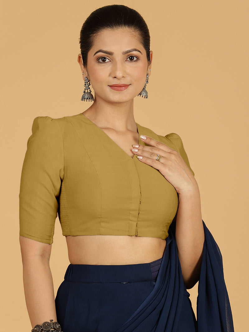 Shravani x Rozaana | Puff Sleeves Saree Blouse in Dijon Mustard-Binks