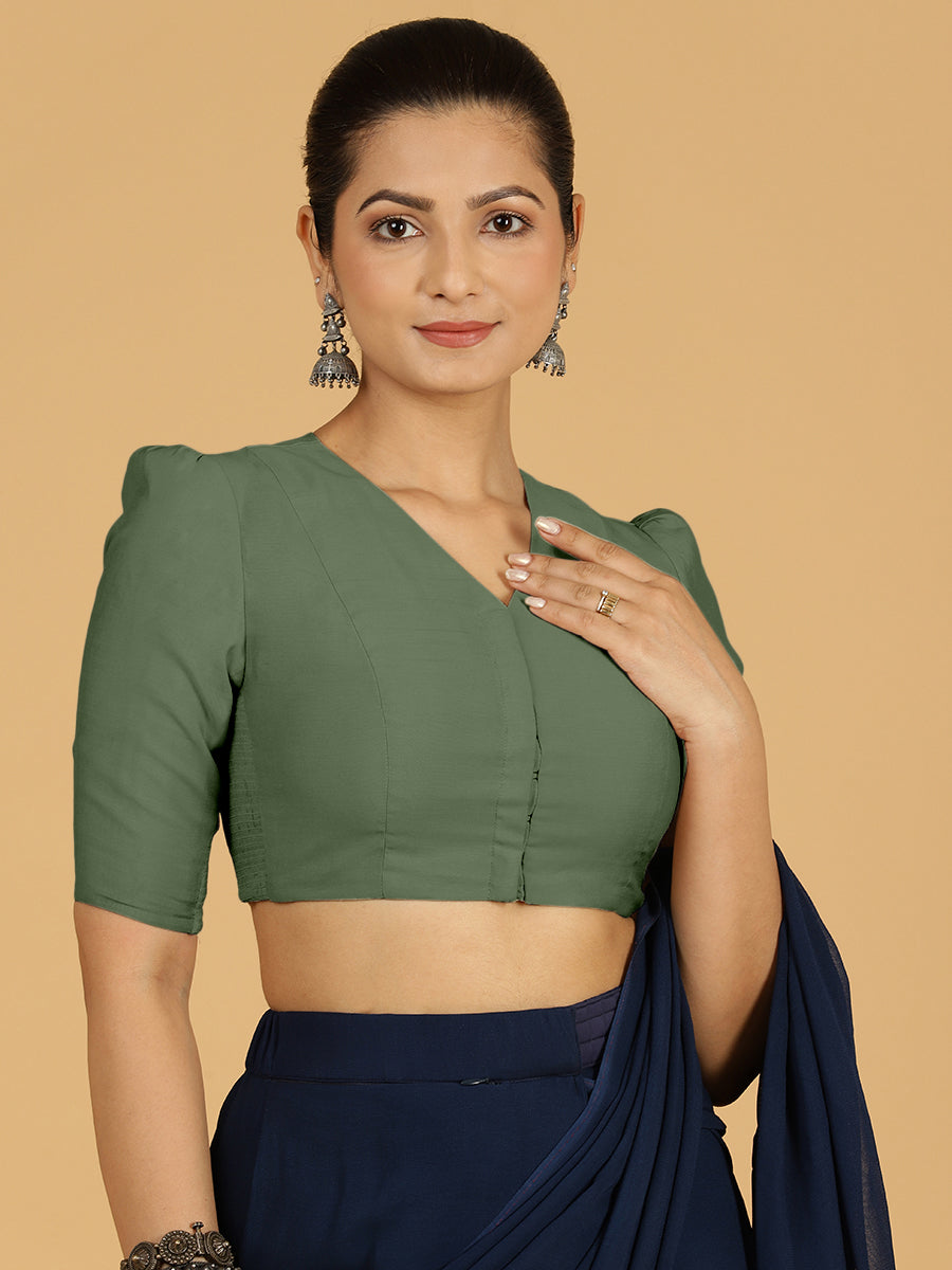 Shravani x Rozaana Saree Blouse, in Green Viscose, featuring elbow sleeves and v-neckline, made for daily & work (view 8).