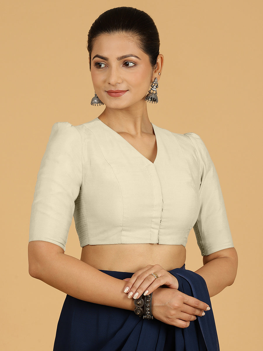 Shravani x Rozaana Saree Blouse, in Cream Viscose, featuring elbow sleeves and v-neckline, made for daily & work.