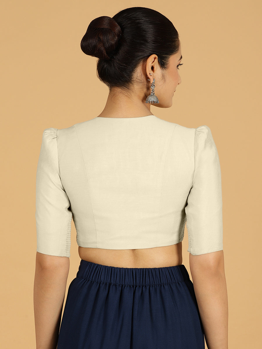 Shravani x Rozaana Saree Blouse, in Cream Viscose, featuring elbow sleeves and v-neckline, made for daily & work (view 2).