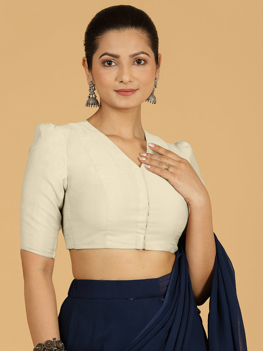 Shravani x Rozaana Saree Blouse, in Cream Viscose, featuring elbow sleeves and v-neckline, made for daily & work (view 8).