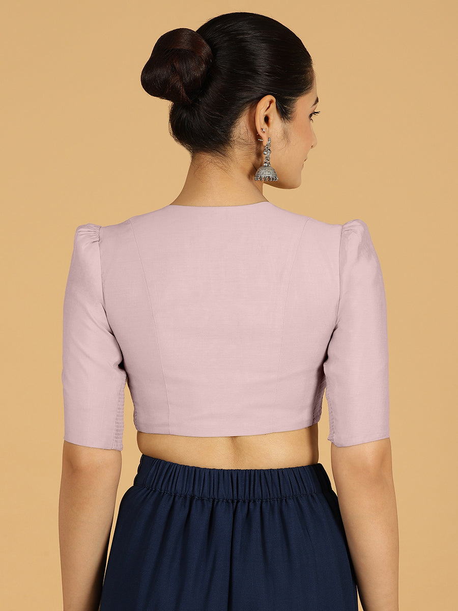 Shravani x Rozaana Saree Blouse, in Purple Viscose, featuring elbow sleeves and v-neckline, made for daily & work (view 2).