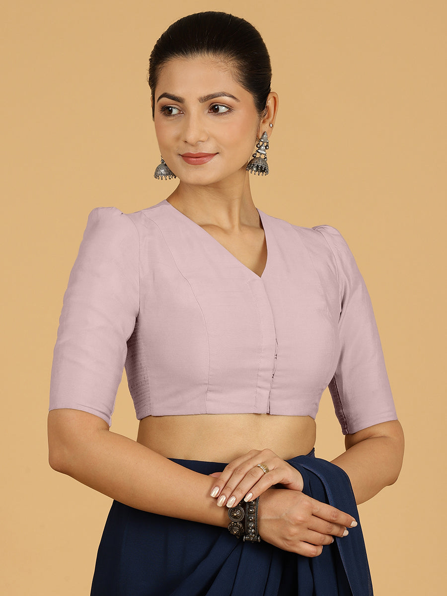Shravani x Rozaana Saree Blouse, in Purple Viscose, featuring elbow sleeves and v-neckline, made for daily & work (view 7).