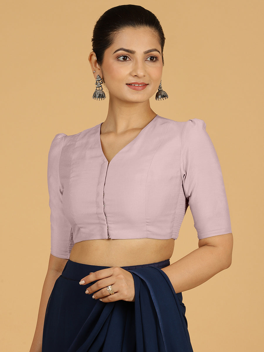 Shravani x Rozaana Saree Blouse, in Purple Viscose, featuring elbow sleeves and v-neckline, made for daily & work (view 8).
