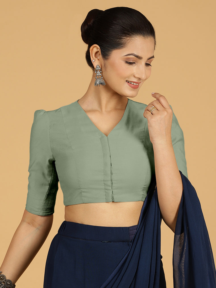 Shravani x Rozaana Saree Blouse, in Green Viscose, featuring elbow sleeves and v-neckline, made for daily & work.