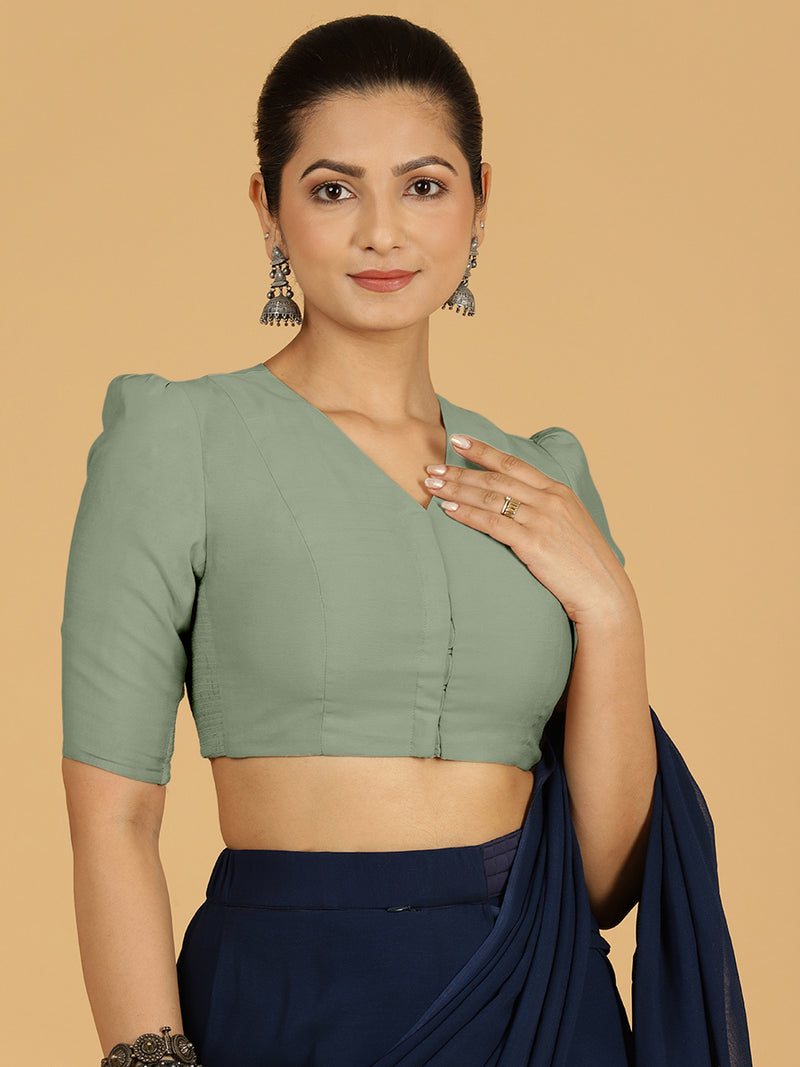 Shravani x Rozaana | Puff Sleeves Saree Blouse in Mint Green-Binks