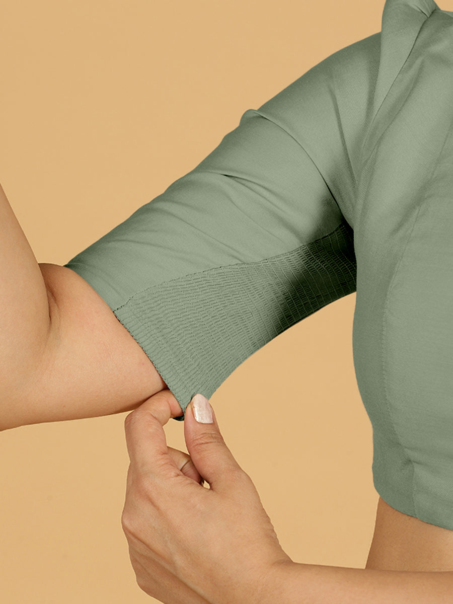 Shravani x Rozaana Saree Blouse, in Green Viscose, featuring elbow sleeves and v-neckline, made for daily & work (view 5).