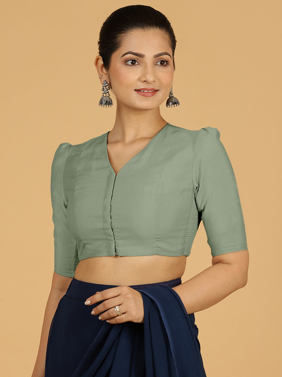 Shravani x Rozaana Saree Blouse, in Green Viscose, featuring elbow sleeves and v-neckline, made for daily & work (view 8).