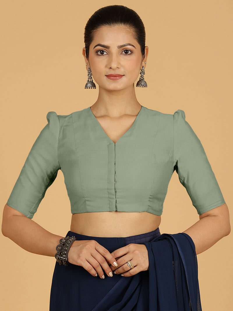 Shravani x Rozaana | Puff Sleeves Saree Blouse in Mint Green-Binks