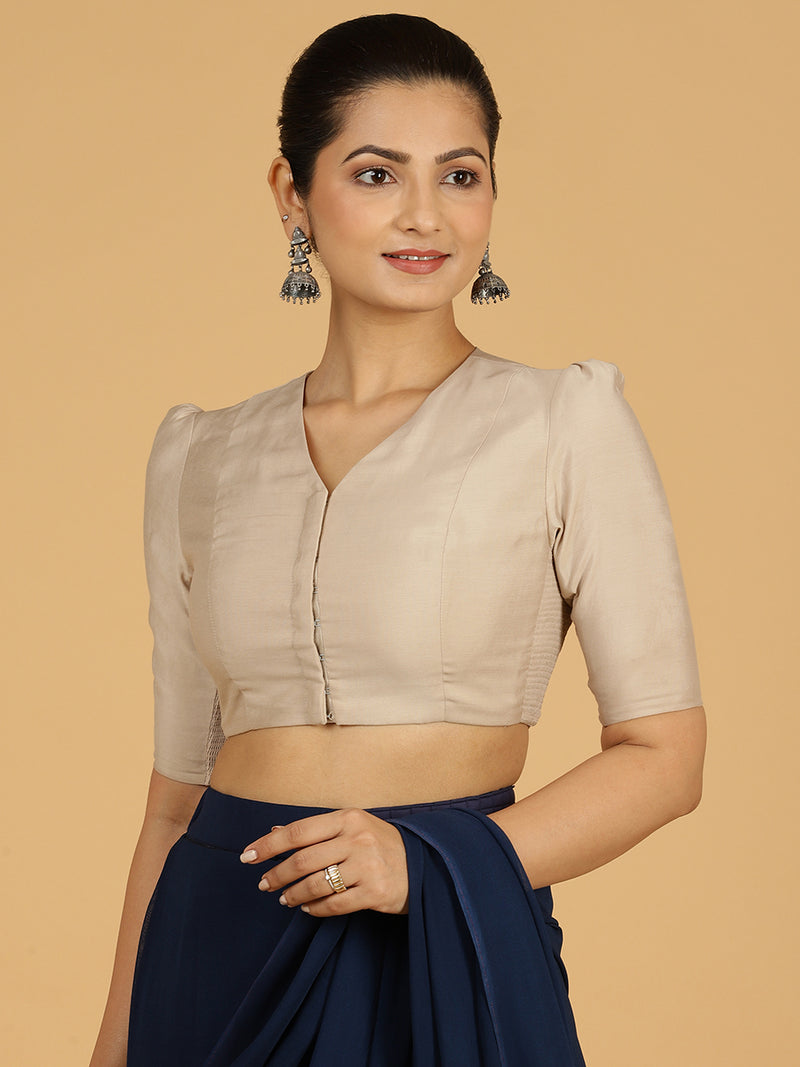 Shravani x Rozaana | Puff Sleeves Saree Blouse in Oyster Grey-Binks