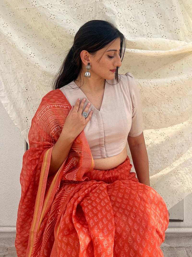 Shravani x Rozaana | Puff Sleeves Saree Blouse in Oyster Grey-Binks