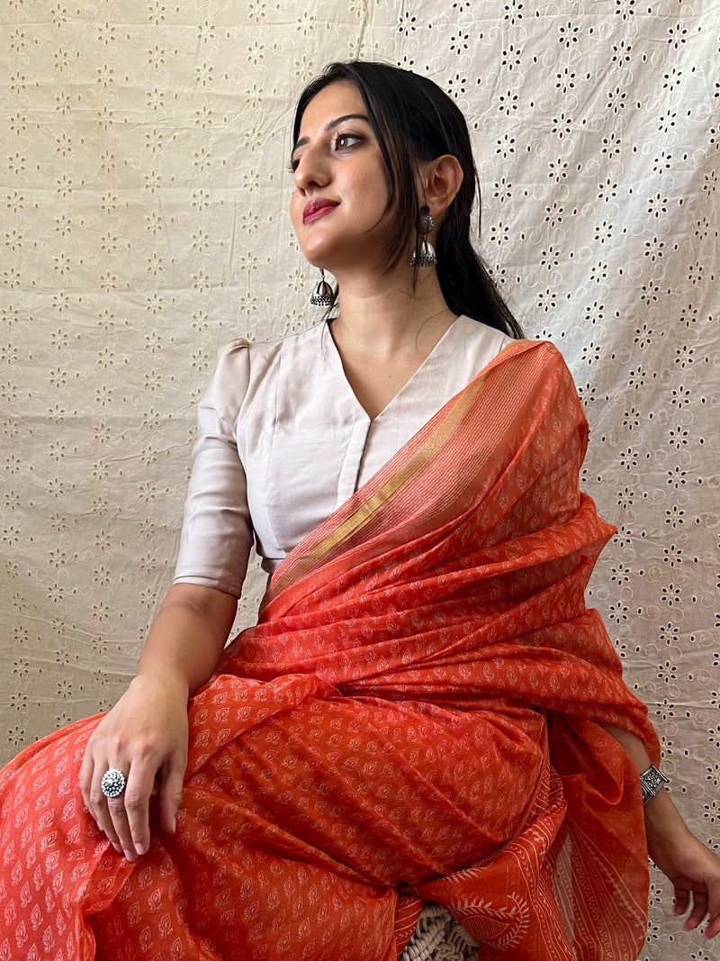 Shravani x Rozaana | Puff Sleeves Saree Blouse in Oyster Grey-Binks