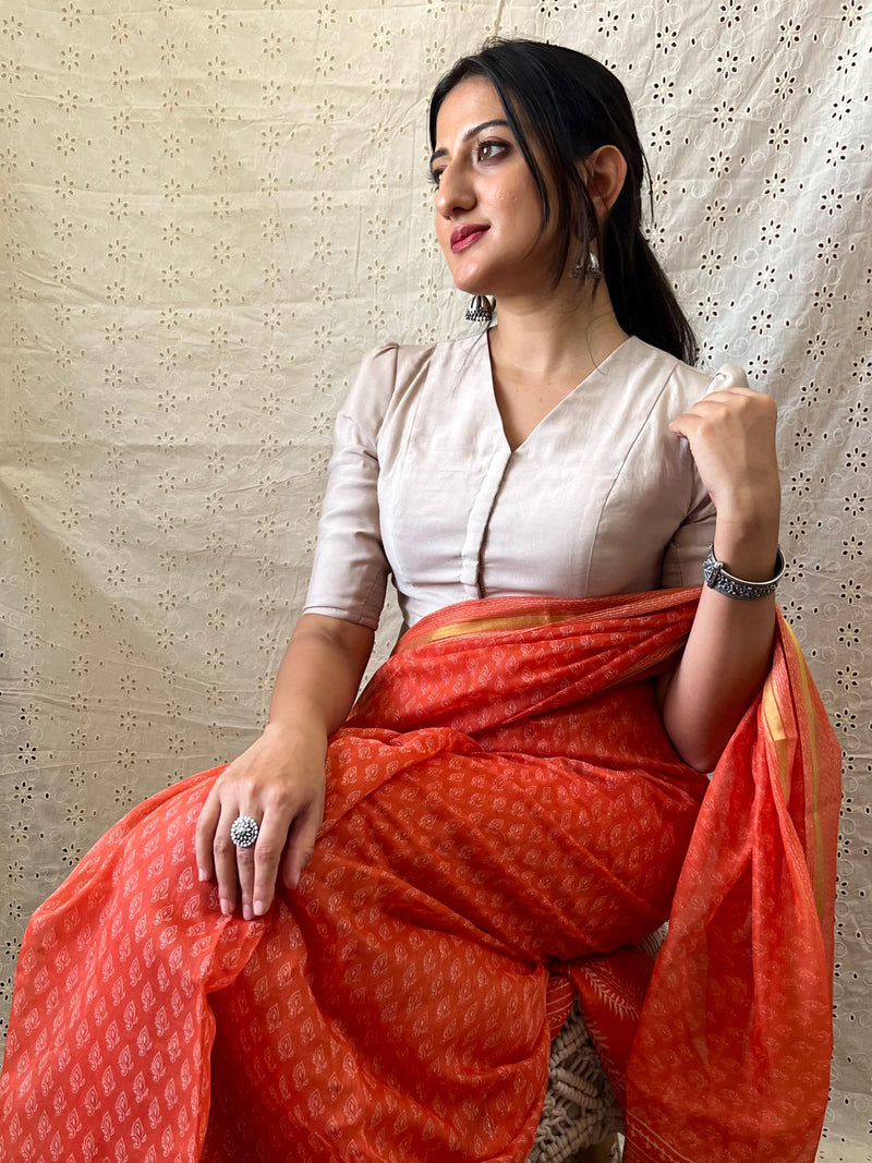 Shravani x Rozaana | Puff Sleeves Saree Blouse in Oyster Grey-Binks