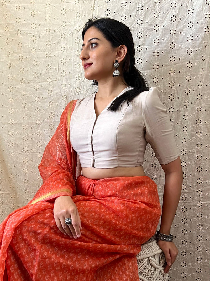 Shravani x Rozaana | Puff Sleeves Saree Blouse in Oyster Grey-Binks