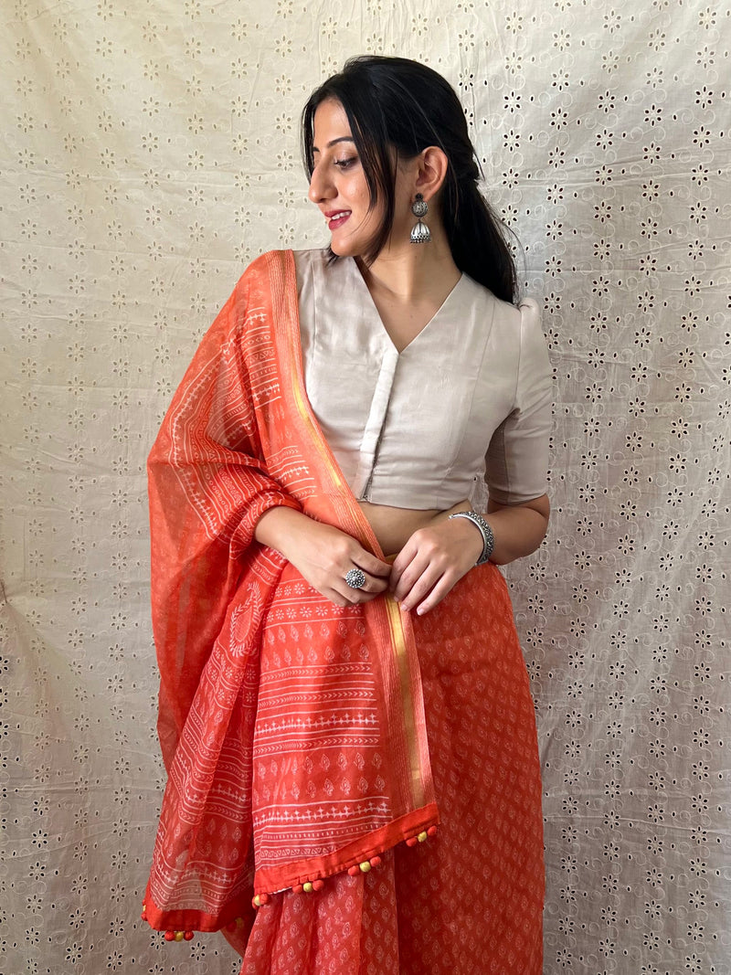Shravani x Rozaana | Puff Sleeves Saree Blouse in Oyster Grey-Binks